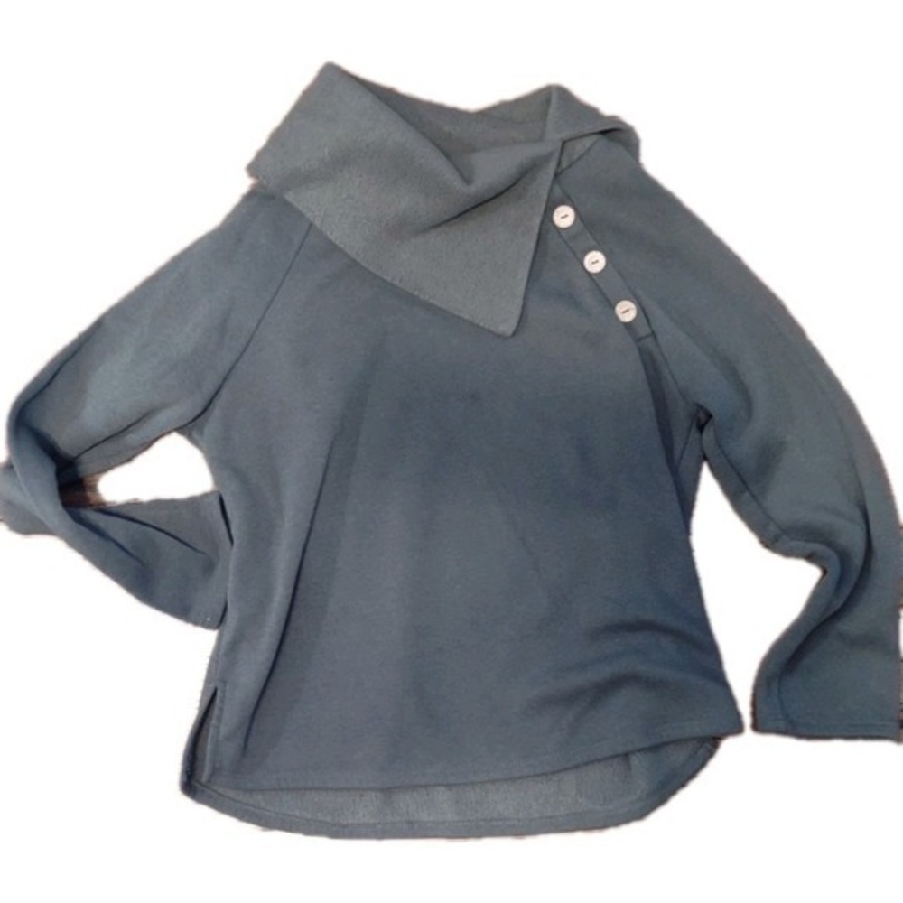 C&F Fashion Women's Fleece Pullover Olive Green Funnel Neck Button Shoulder - M